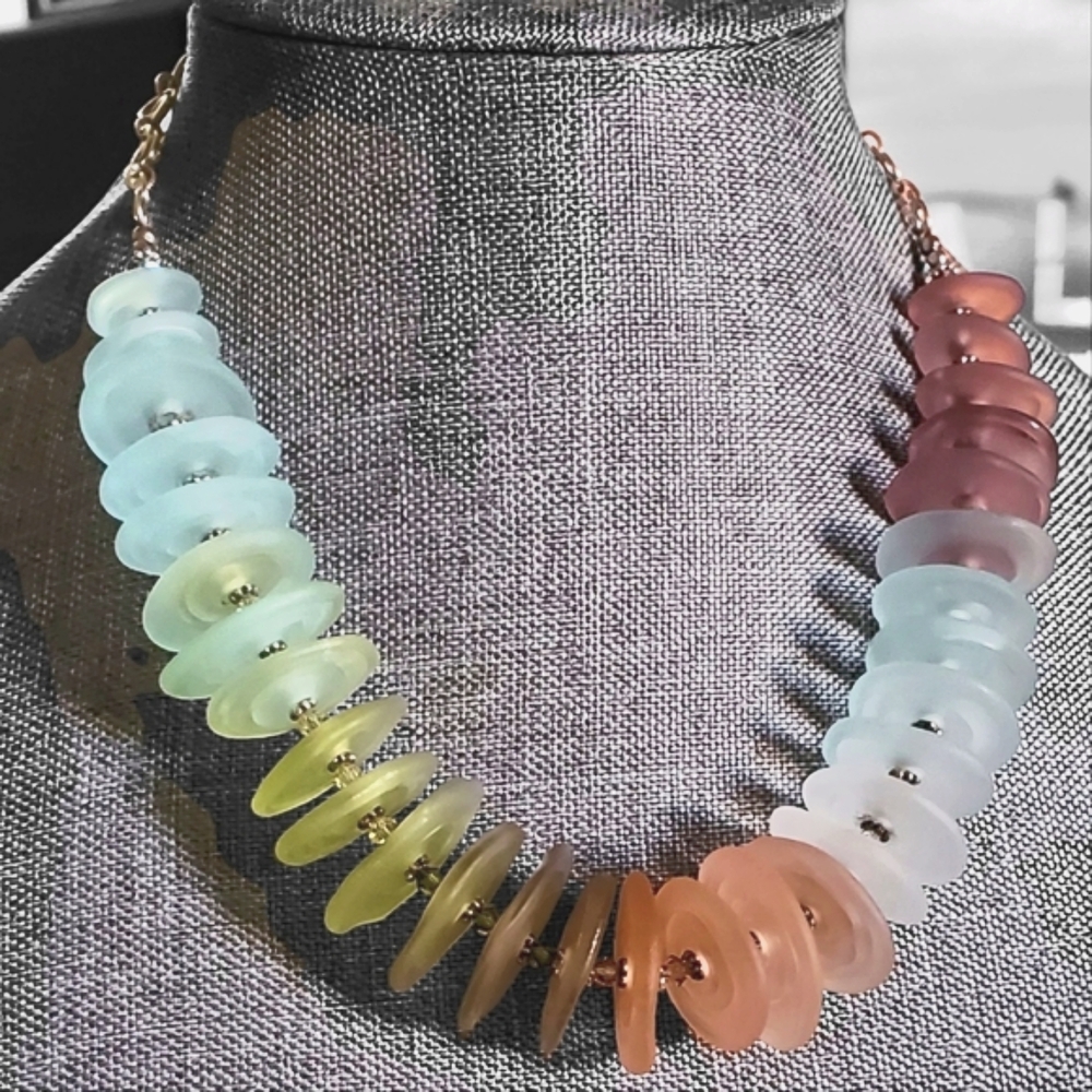 Vtg. Sterling Silver  Rainbow Sea Glass Disc Necklace